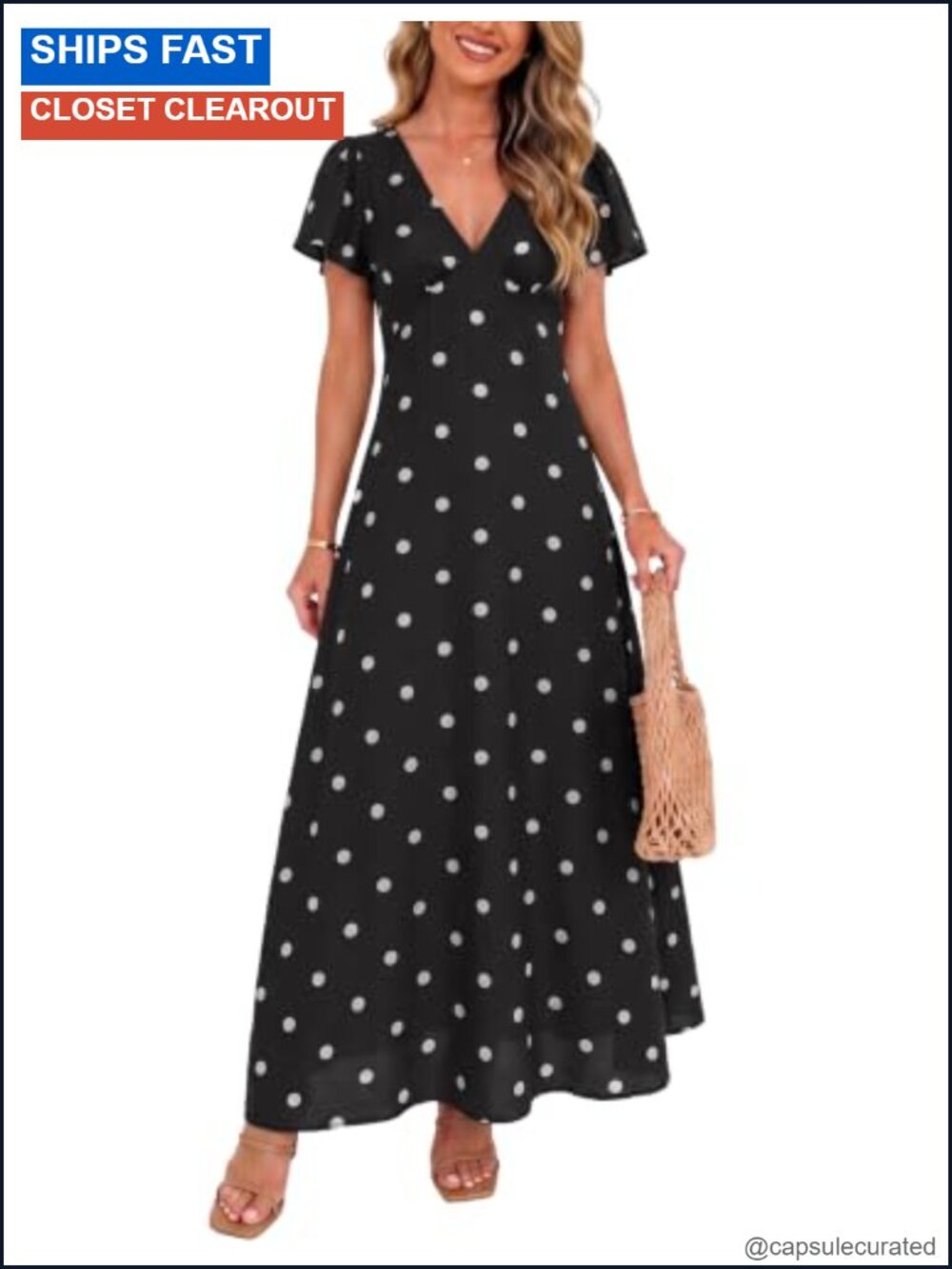 Womens Polka Dot Maxi Dress V Neck Flutter Sleeve A-Line Vacation
